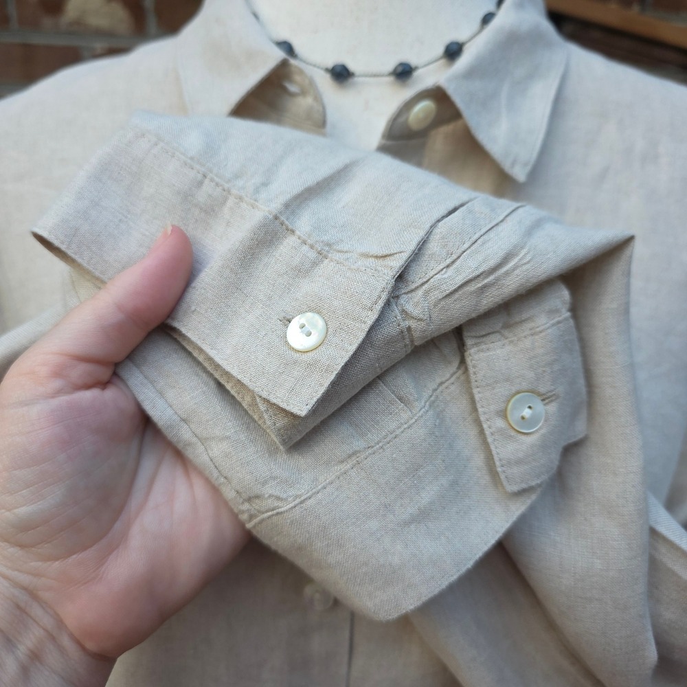 J. Jill Love Linen Button Down L Beige Coastal Minimalist Oversize Long Sleeve - Picture 8 of 13